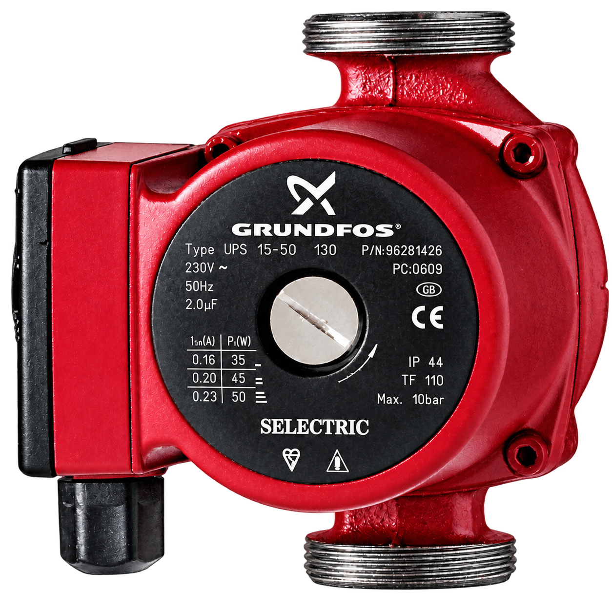 Red Grundfos circulation pump used in a domestic heating system