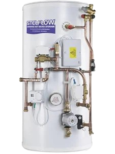 Stelflow unvented hot-water cylinder with connected heating controls and pipework